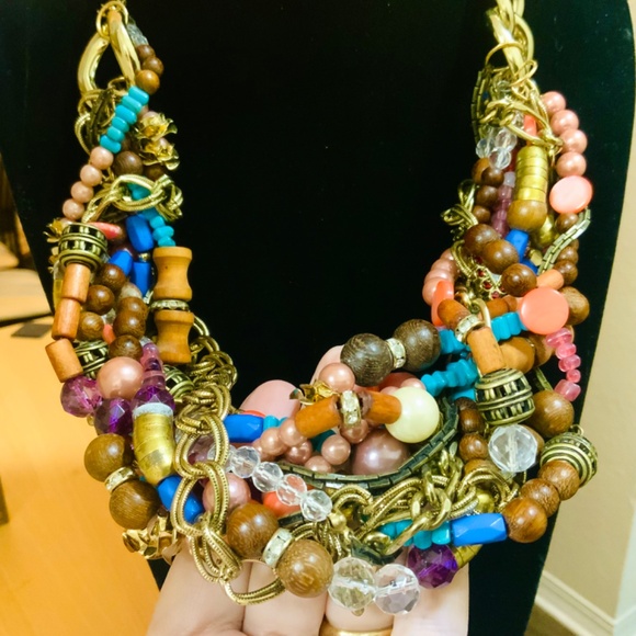Multi Strand🩷SOLD🩷 BEADED CHUNKY STATEMENT NECKLACE SEQUIN ⭐️ NWT WOOD GLASS - Picture 6 of 14